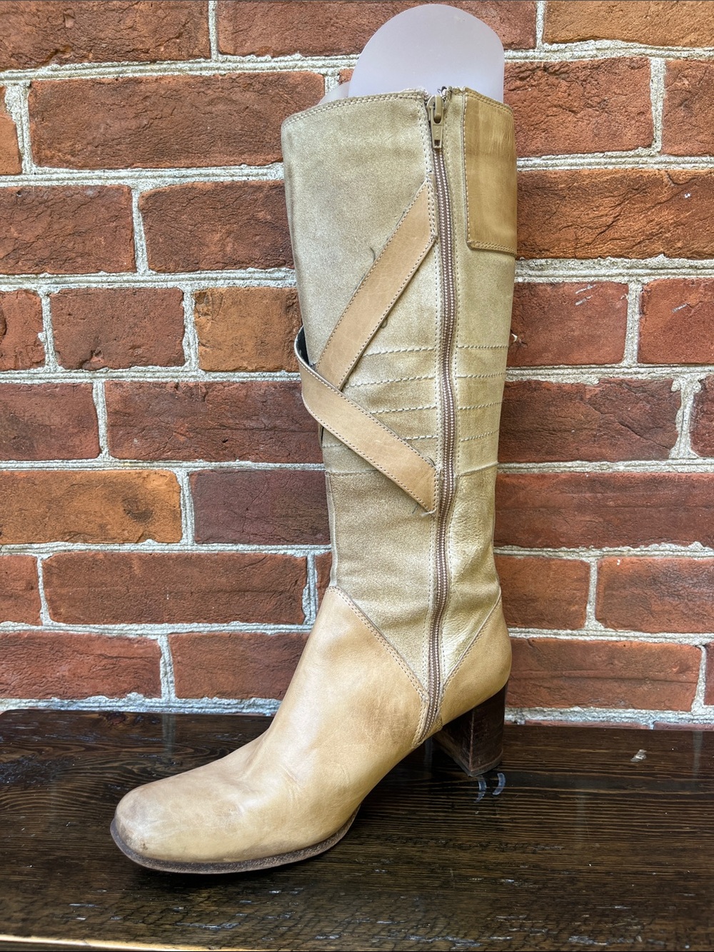 Vintage Kowalski Beige Leather Suede Crossover Strap Tall Boots